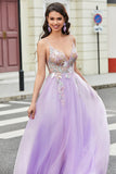 Magnifique une ligne Spaghetti Bretelles lilas Longue robe de bal avec Appliques