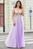 Magnifique une ligne Spaghetti Bretelles lilas Longue robe de bal avec Appliques