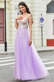 Magnifique une ligne Spaghetti Bretelles lilas Longue robe de bal avec Appliques