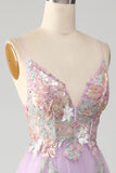 Glitter A-Line Spaghetti Bretelles Lilas Longue Robe de Bal avec Fleurs