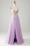 Glitter A-Line Spaghetti Bretelles Lilas Longue Robe de Bal avec Fleurs