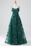 Paillettes Vert Foncé Spaghetti Bretelles Dentelle Fleur Longue Corset Robe De Bal