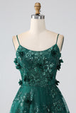 Paillettes Vert Foncé Spaghetti Bretelles Dentelle Fleur Longue Corset Robe De Bal