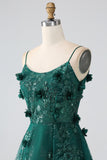 Paillettes Vert Foncé Spaghetti Bretelles Dentelle Fleur Longue Corset Robe De Bal