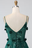 Paillettes Vert Foncé Spaghetti Bretelles Dentelle Fleur Longue Corset Robe De Bal