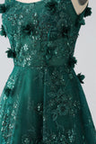 Paillettes Vert Foncé Spaghetti Bretelles Dentelle Fleur Longue Corset Robe De Bal