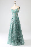 Paillettes Vert Foncé Spaghetti Bretelles Dentelle Fleur Longue Corset Robe De Bal