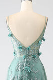 Paillettes Vert Foncé Spaghetti Bretelles Dentelle Fleur Longue Corset Robe De Bal
