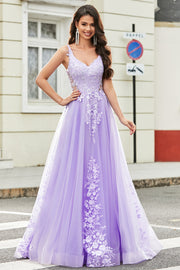 Magnifique une ligne Spaghetti Bretelles Tulle lilas Longue robe de bal avec Appliques