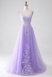 Robe de soirée longue en tulle à bretelles spaghetti A-Line lilas avec appliques