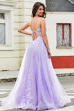 Magnifique une ligne Spaghetti Bretelles Tulle lilas Longue robe de bal avec Appliques