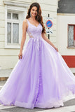 Magnifique une ligne Spaghetti Bretelles Tulle lilas Longue robe de bal avec Appliques