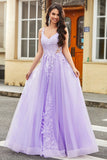 Magnifique une ligne Spaghetti Bretelles Tulle lilas Longue robe de bal avec Appliques