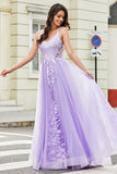 Magnifique une ligne Spaghetti Bretelles Tulle lilas Longue robe de bal avec Appliques