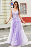 Magnifique une ligne Spaghetti Bretelles Tulle lilas Longue robe de bal avec Appliques