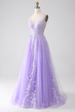 Robe de soirée longue en tulle à bretelles spaghetti A-Line lilas avec appliques