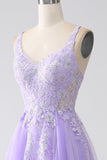 Robe de soirée longue en tulle à bretelles spaghetti A-Line lilas avec appliques