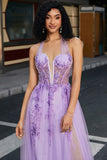 Magnifique une ligne dos nu cou gris violet Corset robe de soirée avec des Appliques