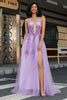 Charger l&#39;image dans la galerie, Magnifique une ligne dos nu cou gris violet Corset robe de soirée avec des Appliques