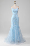 Robe de soirée longue sirène perlée scintillante bleu clair