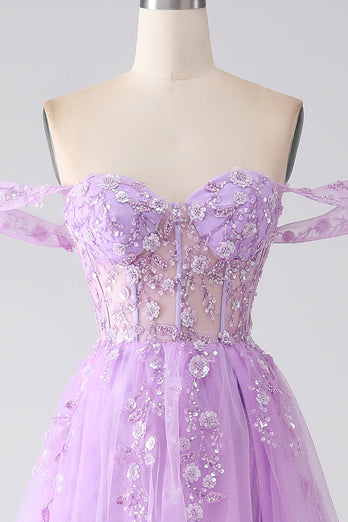 Robe de Soirée corset lilas trapèze à épaules dénudées et perles