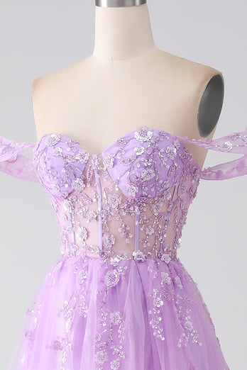 Robe de Soirée corset lilas trapèze à épaules dénudées et perles