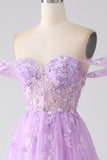 Robe de Soirée corset lilas trapèze à épaules dénudées et perles