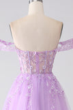 Robe de Soirée corset lilas trapèze à épaules dénudées et perles