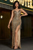 Charger l&#39;image dans la galerie, Robe de soirée longue frangée dorée sirène scintillante avec fente