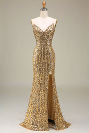 Robe de Soirée longue dorée sirène scintillante avec fente