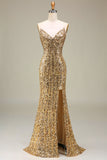 Robe de Soirée longue dorée sirène scintillante avec fente
