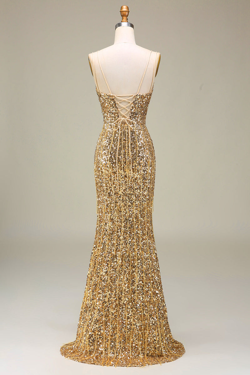 Charger l&#39;image dans la galerie, Robe de Soirée longue dorée sirène scintillante avec fente