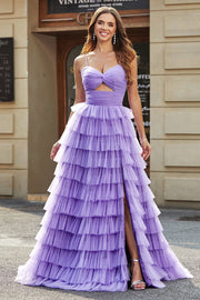 Tulle A-Line Violet Robe de soirée longue à plusieurs niveaux avec fente