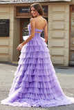 Tulle A-Line Violet Robe de soirée longue à plusieurs niveaux avec fente