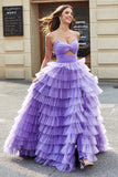 Tulle A-Line Violet Robe de soirée longue à plusieurs niveaux avec fente