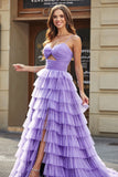 Tulle A-Line Violet Robe de soirée longue à plusieurs niveaux avec fente