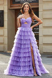 Tulle A-Line Violet Robe de soirée longue à plusieurs niveaux avec fente