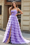 Tulle A-Line Violet Robe de soirée longue à plusieurs niveaux avec fente