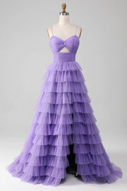 Tulle violet A-ligne étagé longue robe de Soirée avec fente