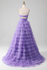 Charger l&#39;image dans la galerie, Tulle violet A-ligne étagé longue robe de Soirée avec fente