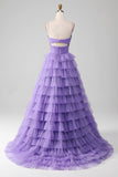 Tulle violet A-ligne étagé longue robe de Soirée avec fente