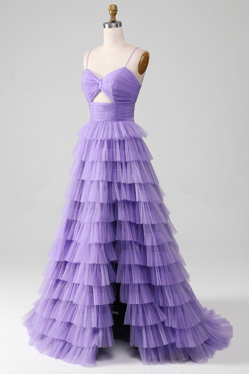 Charger l&#39;image dans la galerie, Tulle violet A-ligne étagé longue robe de Soirée avec fente