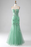 Robe de soirée longue en Tulle sans bretelles sirène verte avec des appliques