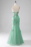 Robe de soirée longue en Tulle sans bretelles sirène verte avec des appliques