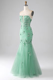 Robe de soirée longue en Tulle sans bretelles sirène verte avec des appliques