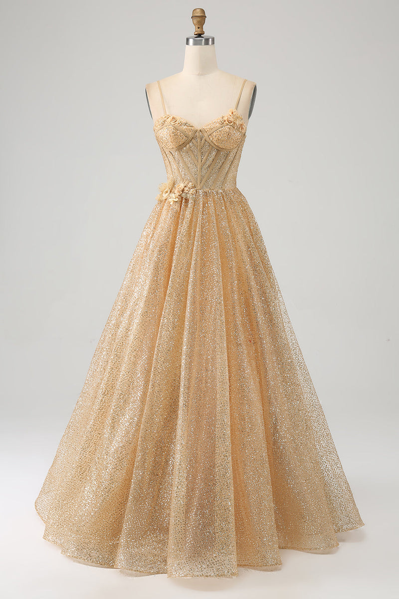 Charger l&#39;image dans la galerie, Robe de soirée longue corset doré scintillant avec des fleurs