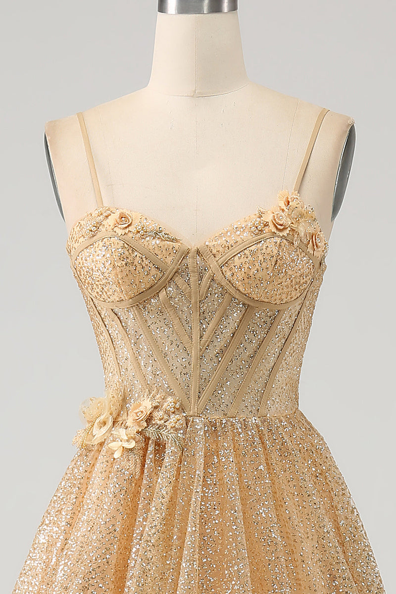 Charger l&#39;image dans la galerie, Robe de soirée longue corset doré scintillant avec des fleurs