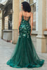 Charger l&#39;image dans la galerie, Superbe sirène bretelles spaghetti vert foncé longue robe de soirée avec appliques