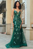 Charger l&#39;image dans la galerie, Superbe sirène bretelles spaghetti vert foncé longue robe de soirée avec appliques