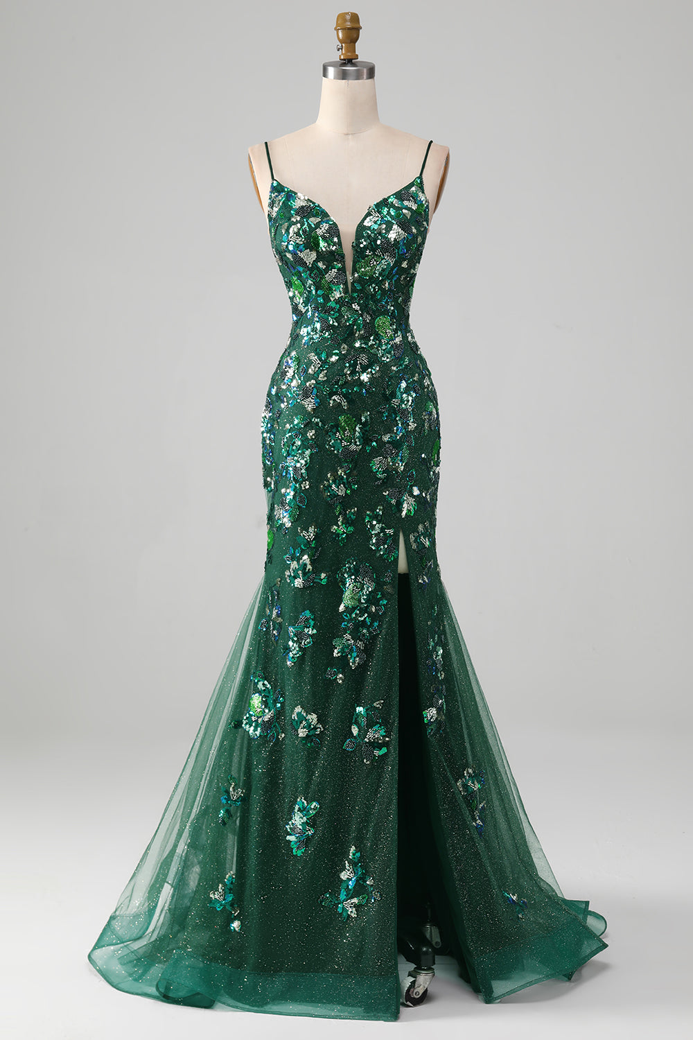 Sirène Robe de Soirée vert foncé à lacets avec appliques